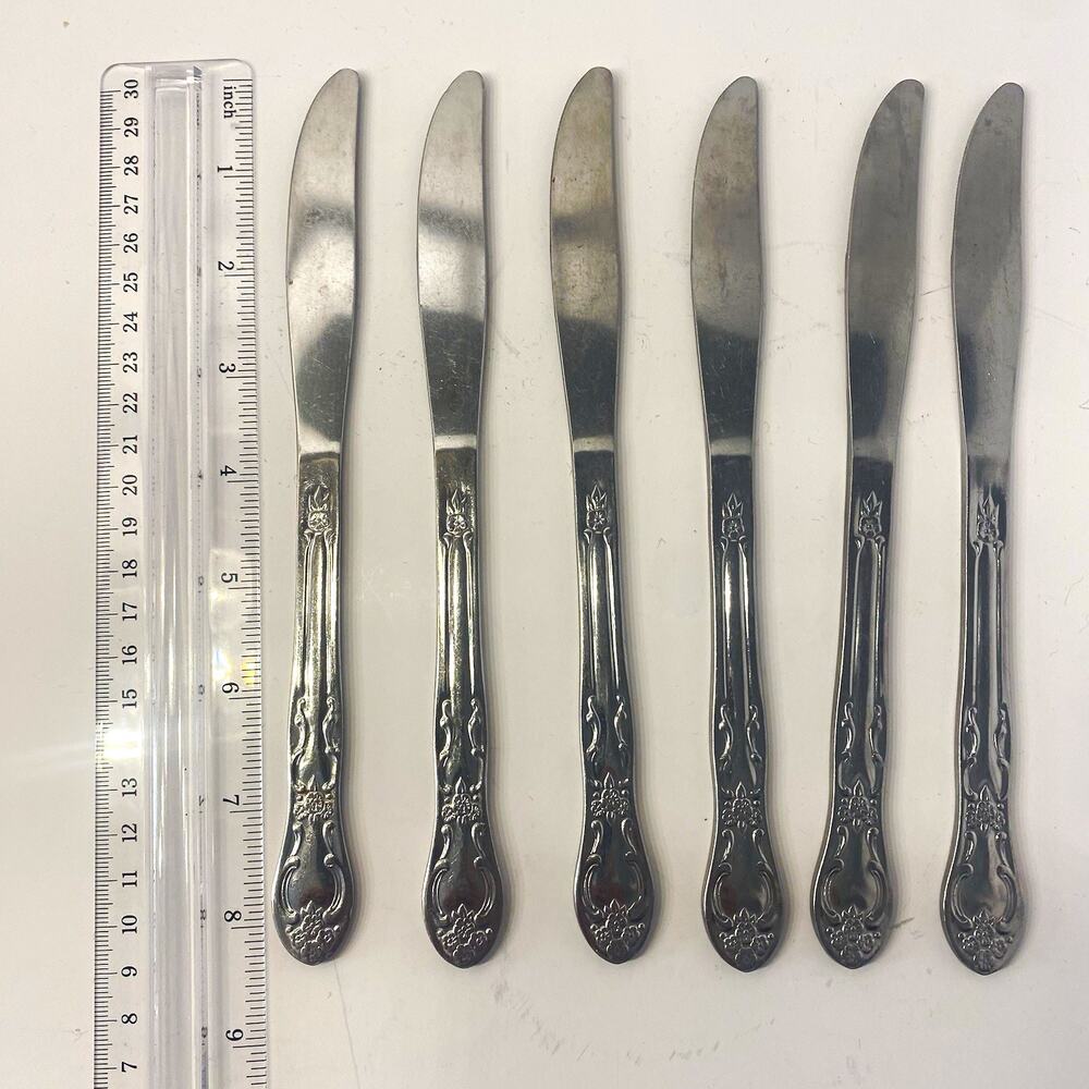 Vintage Oneida Venus Stainless Steel Dinner Knives Set of 6 Floral Scroll